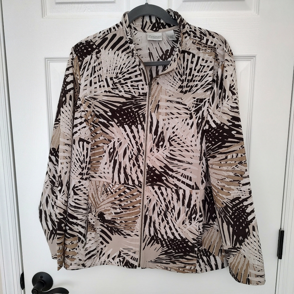 Chico's Zenergy Nema Zip Jacket Gold Brown Metallic Palm XL
